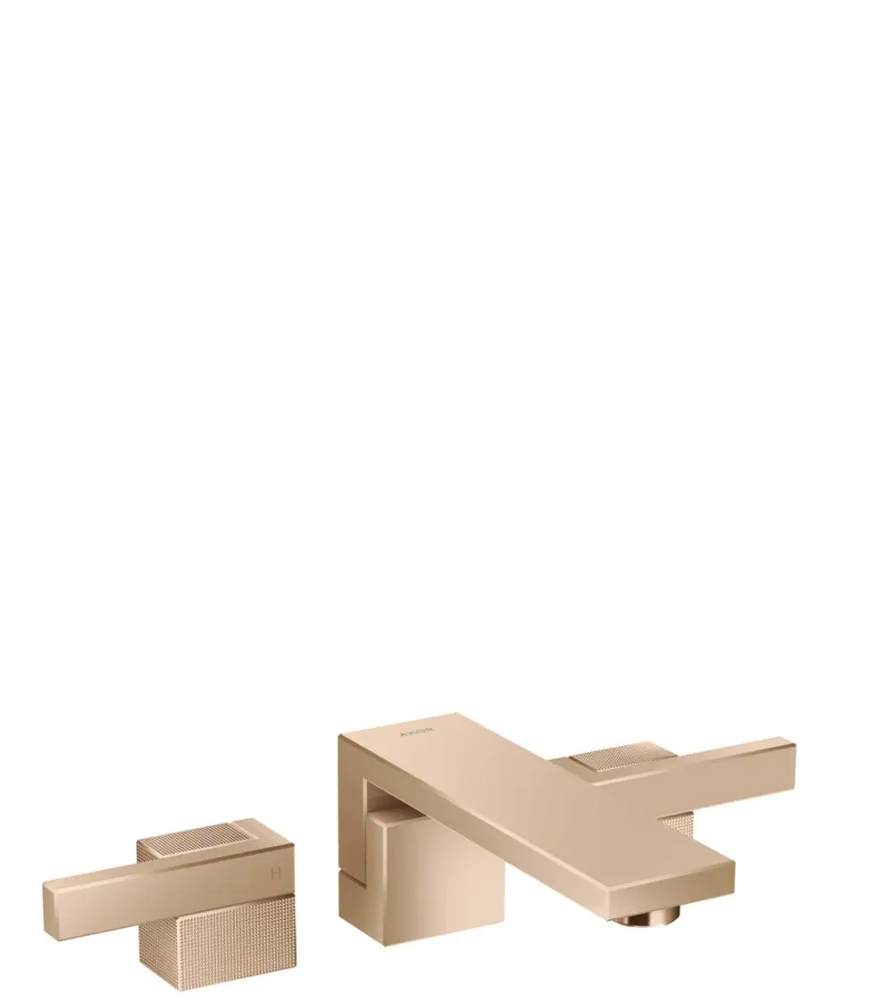 AXOR Waschtischarmatur in poliertem Rotgold, bestehend aus drei Teilen: zwei Hebeln und einem Auslauf. Geometrisches Design mit klaren Linien. Ideal für die Wandmontage.